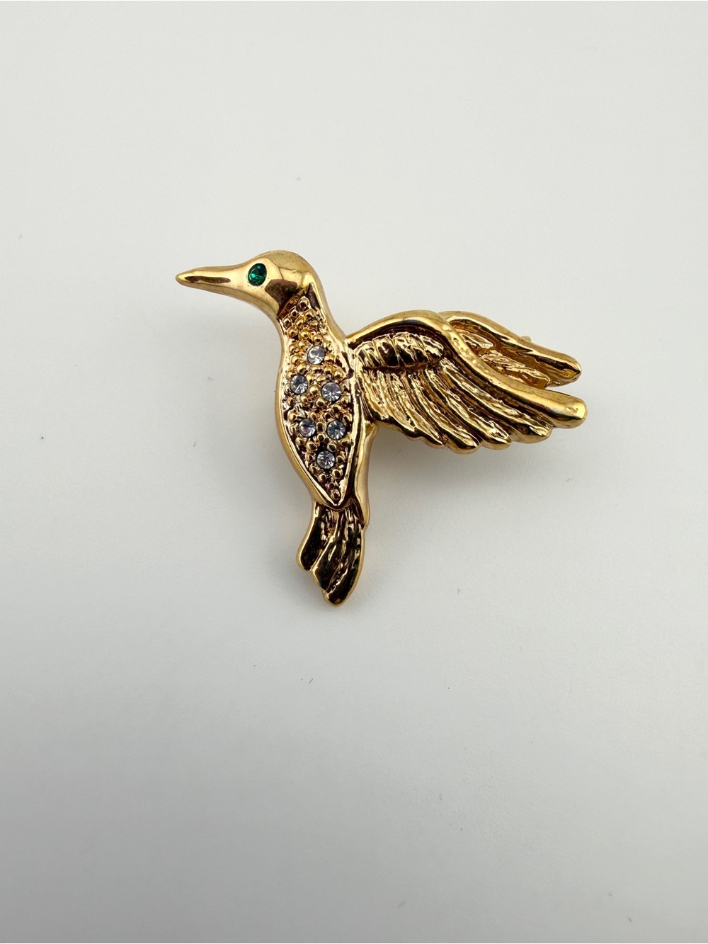Vintage Gold Toned Hummingbird Bird Brooch with Rhinestone Accents